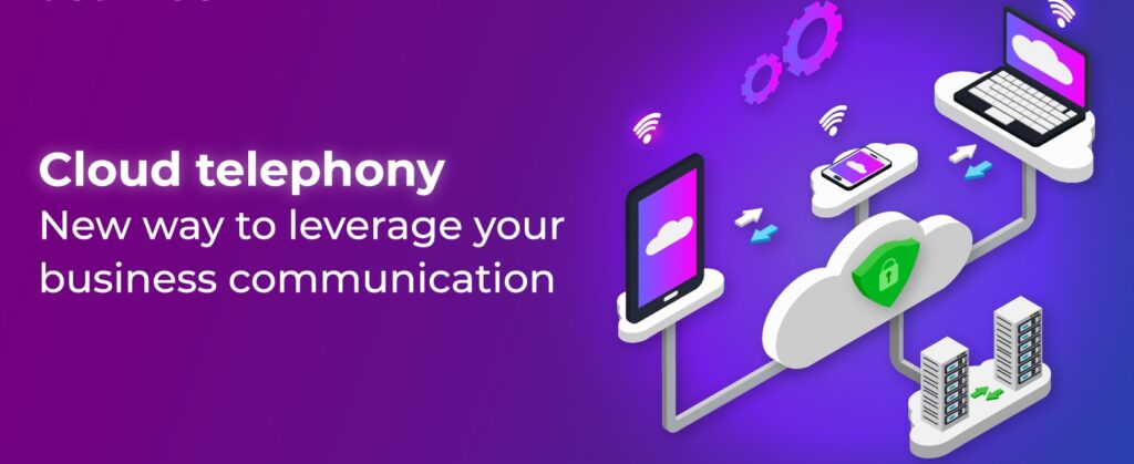 A graphic showing cloud telephony with laptops, tablets, and smartphones connected to a cloud server, representing wireless business communication. Text reads: Cloud telephony. New way to leverage your business communication.